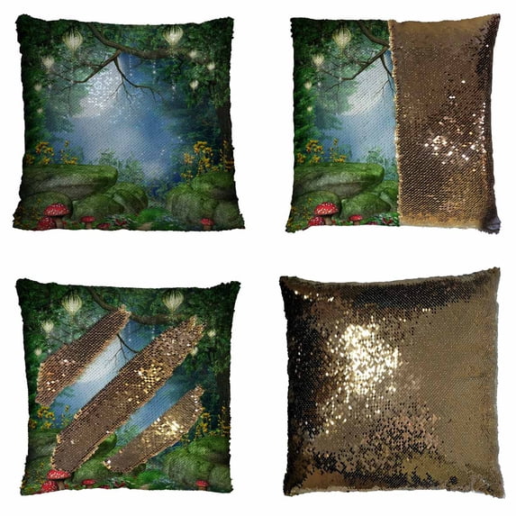 PKQWTM Enchanted forest with mushrooms and fairy lanterns Reversible Mermaid Cushion Cover Home Decor Sequin Pillow Case Size 18x18 inches