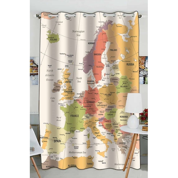 PKQWTM Europe Map Practical heat insulation Shading Window Curtain Size 52(W)x84(H) inches(One Piece)