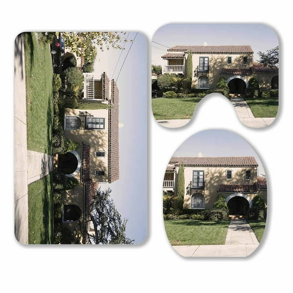 PKQWTM Exterior Shot Of A Classic Home Peninsula 3 Piece Bathroom Rugs Set Bath Rug Contour Mat and Toilet Lid Cover