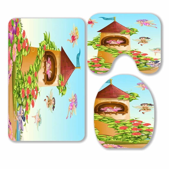 PKQWTM Fairies Flying Around Tower 3 Piece Bathroom Rugs Set Bath Rug Contour Mat and Toilet Lid Cover