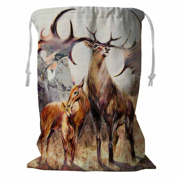 PKQWTM Family fairy reindeer rocks mountains Storage Basket Laundry Bag with Drawstring Size 24x32 Inch