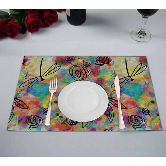 PKQWTM Fantasy Flowers leaves and dragonflies Kitchen Dining Table Mats Placemats Size 12x18 Inches, Set of 2 Pieces