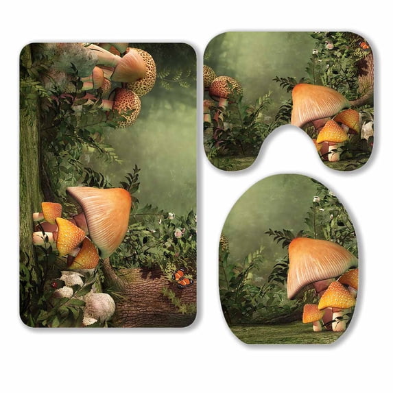 PKQWTM Fantasy Mushroom And Stump In The Forest 3 Piece Bathroom Rugs Set Bath Rug Contour Mat and Toilet Lid Cover