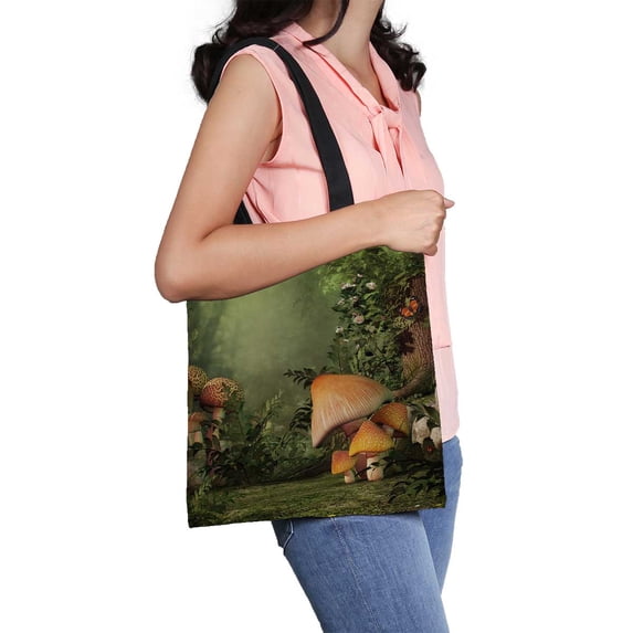 PKQWTM Fantasy Mushroom And Stump In The Forest Canvas Shoulder Bags Handbags Tote Bags Shopping Bag