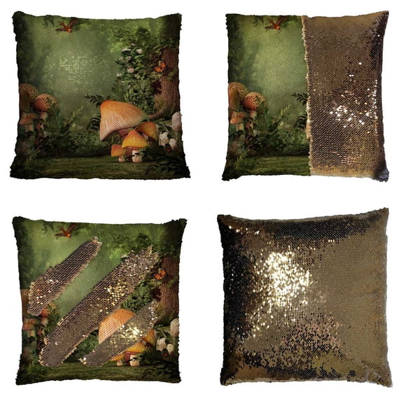PKQWTM Fantasy Mushroom And Stump In The Forest Reversible Mermaid Cushion Cover Home Decor Sequin Pillow Case Size 18x18 inches