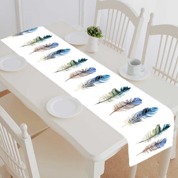 PKQWTM Feathers With Ornaments On White Cotton and Linen Table Runner Kitchen Dining Room Supplies Size 16x72 Inch