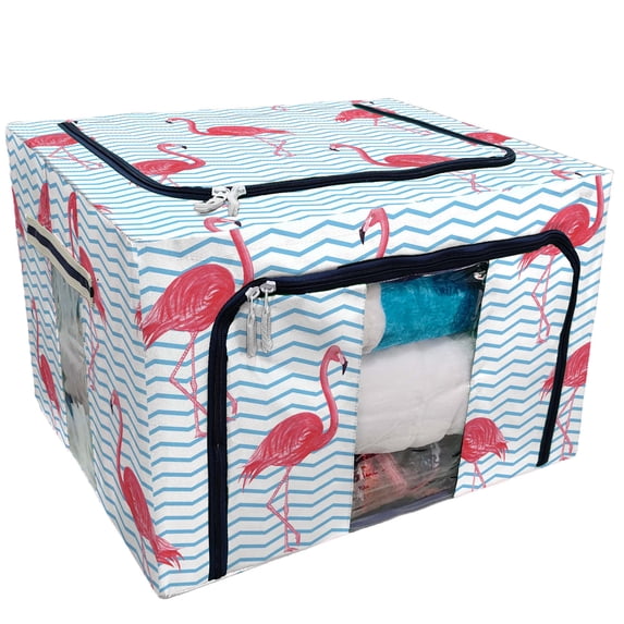 PKQWTM Flamingo blue pink animal tropic Storage Bag Clear Window Storage Bins Boxes Large Capacity Foldable Stackable Organizer With Steel Metal Frame For Bedding,Clothes,Closets, Bedrooms