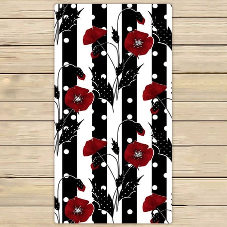 PKQWTM Floral Red Poppies Black White Striped Microfiber Bath Towels Bathroom Body Shower Towel Size 30x56 Inches