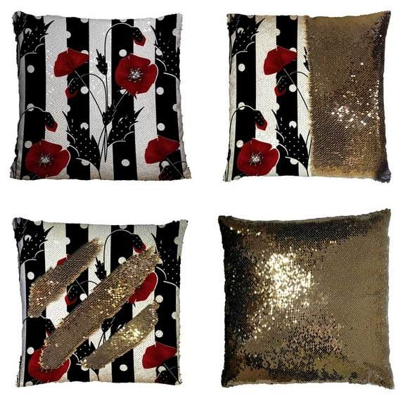 PKQWTM Floral Red Poppies Black White Striped Reversible Mermaid Cushion Cover Home Decor Sequin Pillow Case Size 16x16 inches