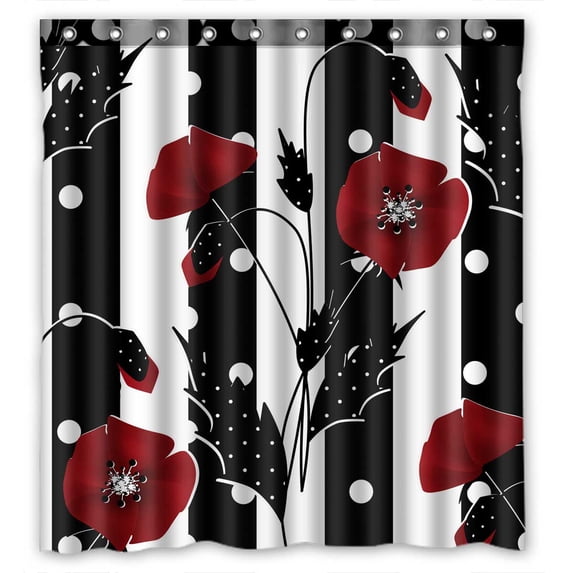PKQWTM Floral Red Poppies Black White Striped WaterProof Polyester Fabric Shower Curtain Size 66x72 Inches