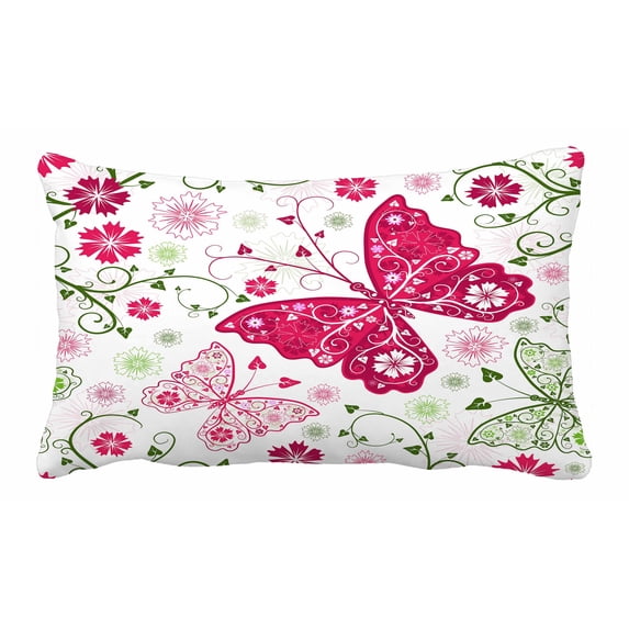 PKQWTM Floral White Pattern With Flowers And Butterflies Bed Decor Pillow Cases Zippered Cushion Cover Size 20x30 Inches