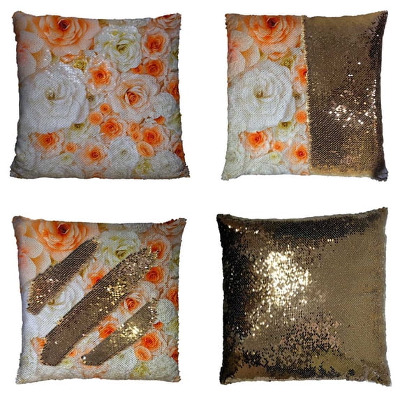 PKQWTM Flower Orange White Color Reversible Mermaid Cushion Cover Home Decor Sequin Pillow Case Size 20x20 inches
