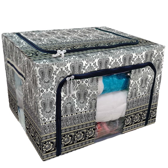 PKQWTM Flowers Paisley Wrapping Floral Ornament Storage Bag Clear Window Storage Bins Boxes Large Capacity Foldable Stackable Organizer With Steel Metal Frame For Bedding,Clothes,Closets, Bedrooms