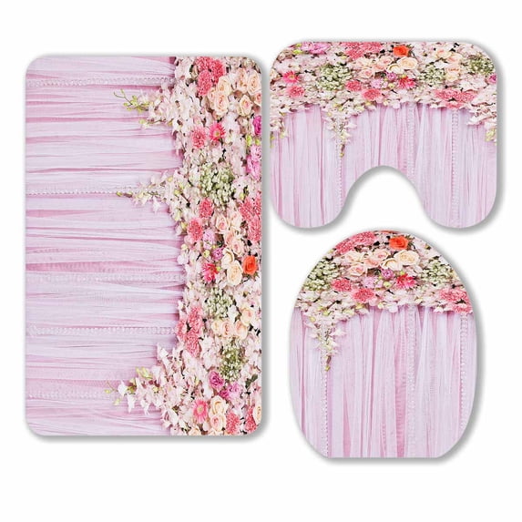 PKQWTM Flowers Wedding Scene 3 Piece Bathroom Rugs Set Bath Rug Contour Mat and Toilet Lid Cover