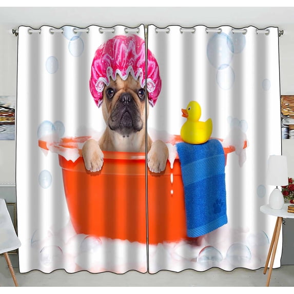 PKQWTM French Bulldog Dog Bathtub Yellow Plastic Duck Towel Foam Bathing Cap Practical heat insulation Shading Window Curtain Size 52(W)x84(H) inches(Two Piece)