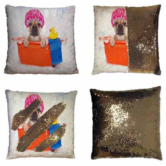 PKQWTM French Bulldog Dog Bathtub Yellow Plastic Duck Towel Foam Bathing Cap Reversible Mermaid Cushion Cover Home Decor Sequin Pillow Case Size 16x16 inches