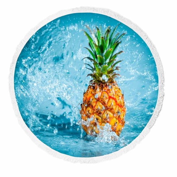 PKQWTM Fresh Pineapple In Water Splashes Round Beach Towel Beach Mats Shawl Blanket Yoga Mat with Tassels Beach Throw Towel