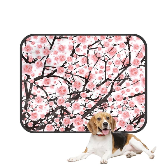 PKQWTM Full Bloom Pink Sakura Tree Black Wood White Flower Branch Pet Dog Cat Bed Pee Pads Mat Cushion Potty Dogsblankets Crate Bed Kennel 36x48 inch