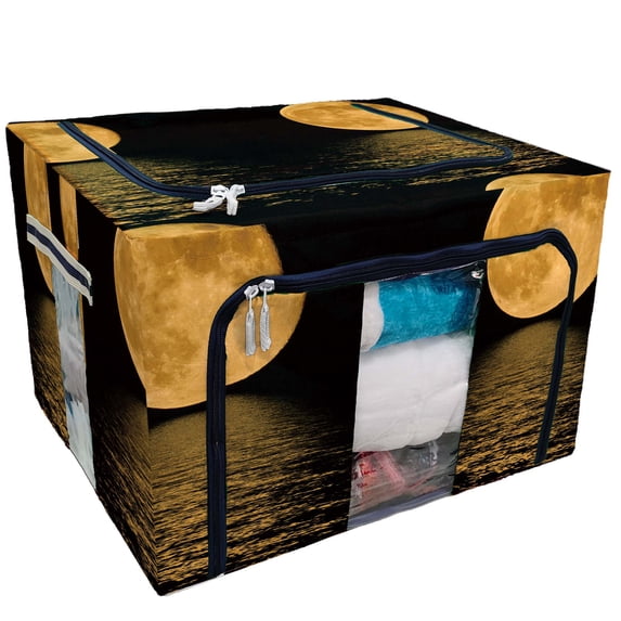 PKQWTM Full Buring Moon Night Moonshine over the Sea Storage Bag Clear Window Storage Bins Boxes Large Capacity Foldable Stackable Organizer With Steel Metal Frame For Clothes,Closets, Bedrooms