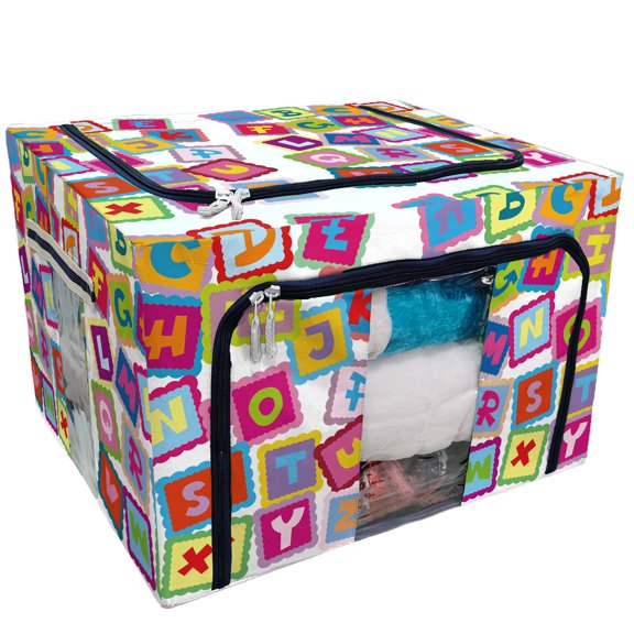 PKQWTM Funny Educational Alphabet ABC Storage Bag Clear Window Storage Bins Boxes Large Capacity Foldable Stackable Organizer With Steel Metal Frame For Bedding,Clothes,Closets, Bedrooms