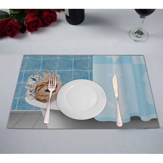 PKQWTM Funny cat is taking a bath with toy duck Kitchen Dining Table Mats Placemats Size 12x18 Inches, Set of 2 Pieces