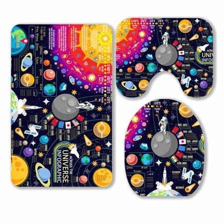 PKQWTM Galaxy Horizons Universe Planets Skyrocket Astronaut Solar 3 Piece Bathroom Rugs Set Bath Rug Contour Mat and Toilet Lid Cover