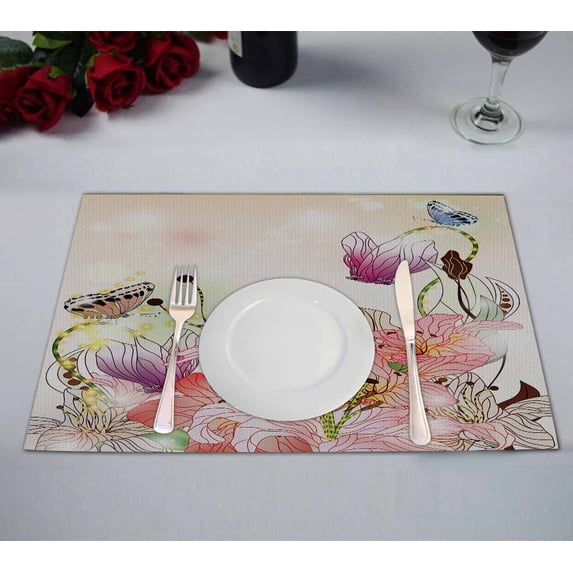 PKQWTM Garden Different Kins Of Flowers Butterflies And Space Kitchen Dining Table Mats Placemats Size 12x18 Inches, Set of 2 Pieces