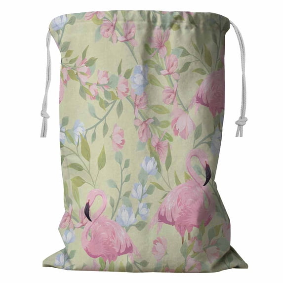 PKQWTM Gentle Pink Flowers And Flamingo Storage Basket Laundry Bag with Drawstring Size 24x32 Inch