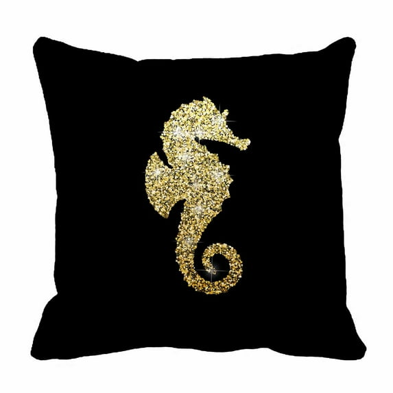 PKQWTM Glittery golden seahorse on a black Bed Decor Pillow Cases Zippered Cushion Cover Size 18x18 Inches