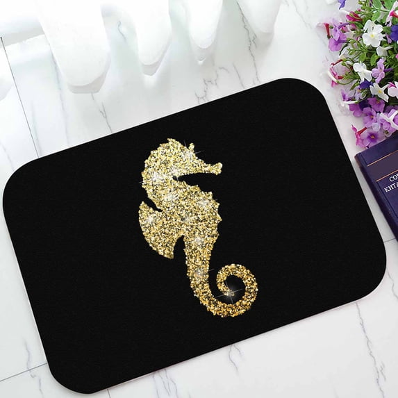 PKQWTM Glittery golden seahorse on a black Home Decor Floor Mat Area Rug Doormat Size 15.7x23.6 Inches
