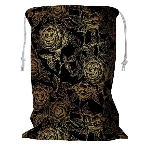 PKQWTM Gold Elegant Roses Petals Old Engraving Gold Rose Black Storage Basket Laundry Bag with Drawstring Size 18x24 Inch