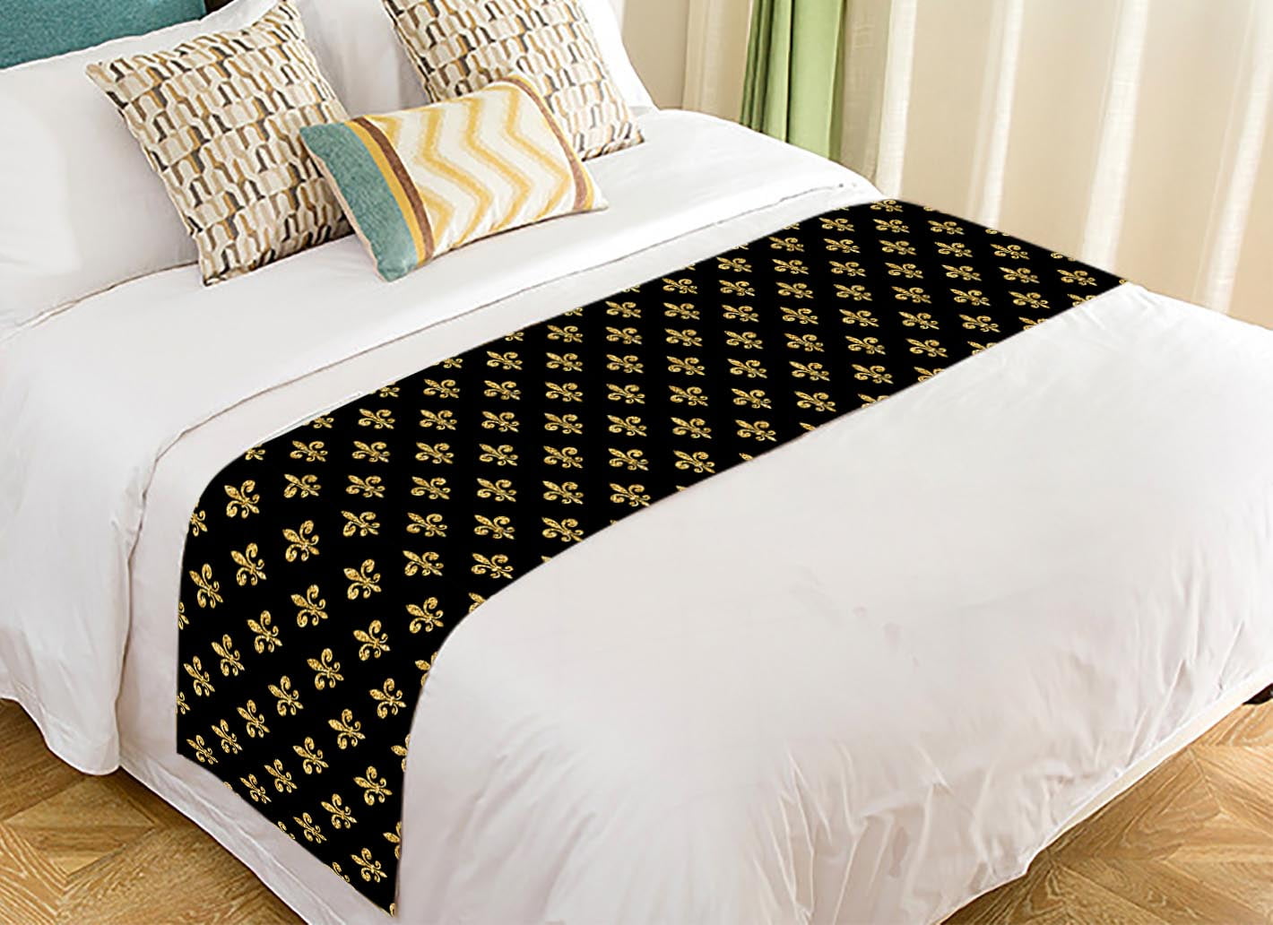 PKQWTM Golden FleurDeLis Bed Runner Bedroom Bedding Decor Bedding