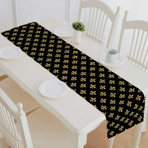 PKQWTM Golden Fleur-De-Lis Cotton and Linen Table Runner Kitchen Dining Room Supplies Size 14x72 Inch
