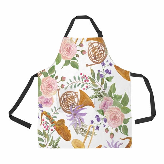 PKQWTM Golden French Horns Beautiful Rose Flowers Unisex Adjustable Bib Apron with Pockets for Commercial Restaurant and Home Kitchen Use