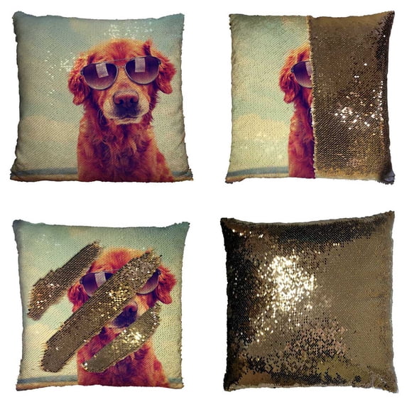 PKQWTM Golden Retriever Toned Retro Vintage Filter Sunglasses Reversible Mermaid Cushion Cover Home Decor Sequin Pillow Case Size 20x20 inches
