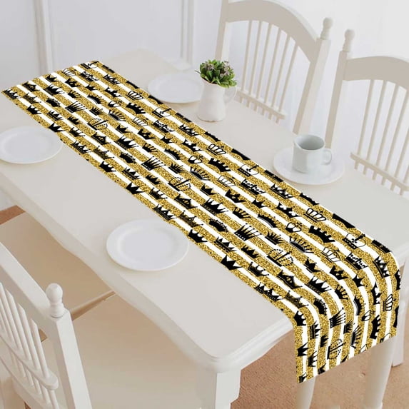 PKQWTM Golden glitter texture white lines crowns Cotton and Linen Table Runner Kitchen Dining Room Supplies Size 14x72 Inch