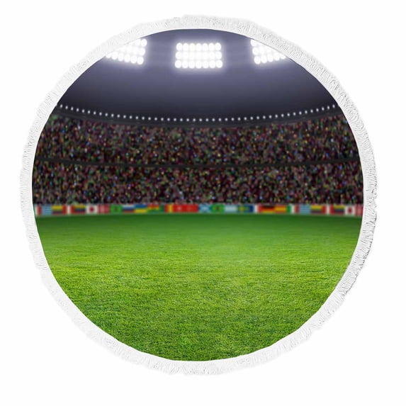PKQWTM Green Soccer Stadium Illuminated Field Arena In Night Round Beach Towel Beach Mats Shawl Blanket Yoga Mat with Tassels Beach Throw Towel