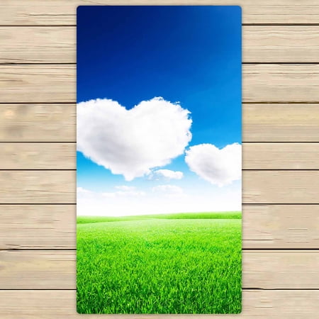 PKQWTM Green field under blue sky two heart shape Love Microfiber Bath Towels Bathroom Body Shower Towel Size 30x56 Inches