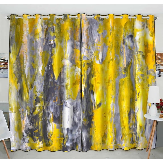 PKQWTM Grey And Yellow Abstract Art Painting Practical heat insulation Shading Window Curtain Size 52(W)x84(H) inches(Two Piece)