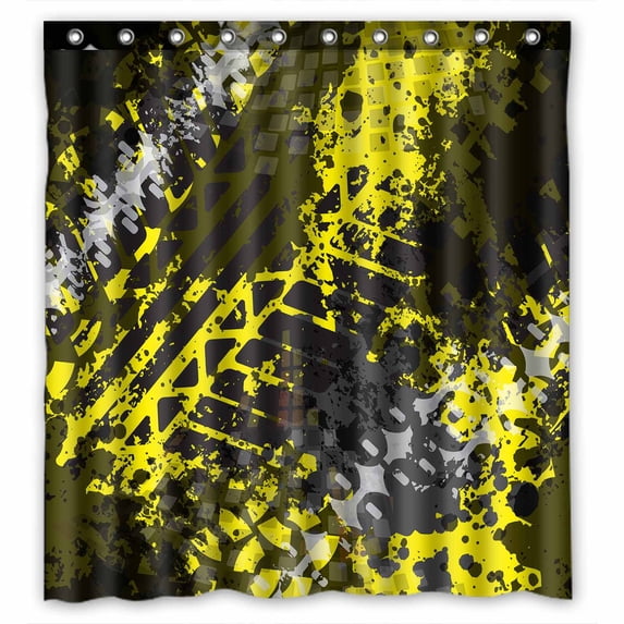 PKQWTM Grunge Tire Tracks Yellow WaterProof Polyester Fabric Shower Curtain Size 66x72 Inches