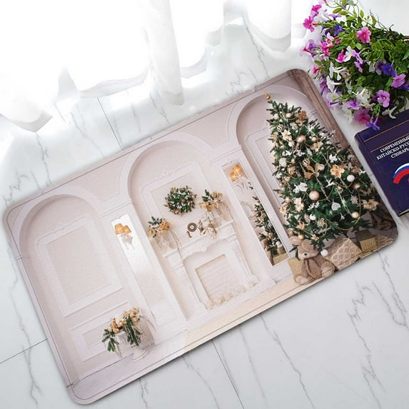 PKQWTM Hall Fireplace Arches Mirrors Christmas Wreath Tree Home Decor Floor Mat Area Rug Doormat Size 18x30 Inches
