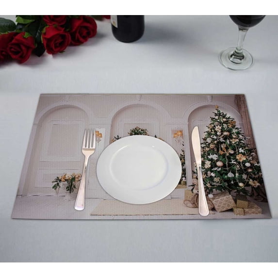 PKQWTM Hall Fireplace Arches Mirrors Christmas Wreath Tree Kitchen Dining Table Mats Placemats Size 12x18 Inches, Set of 2 Pieces