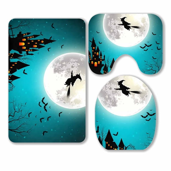 PKQWTM Halloween Flying Witch Full Moon 3 Piece Bathroom Rugs Set Bath Rug Contour Mat and Toilet Lid Cover