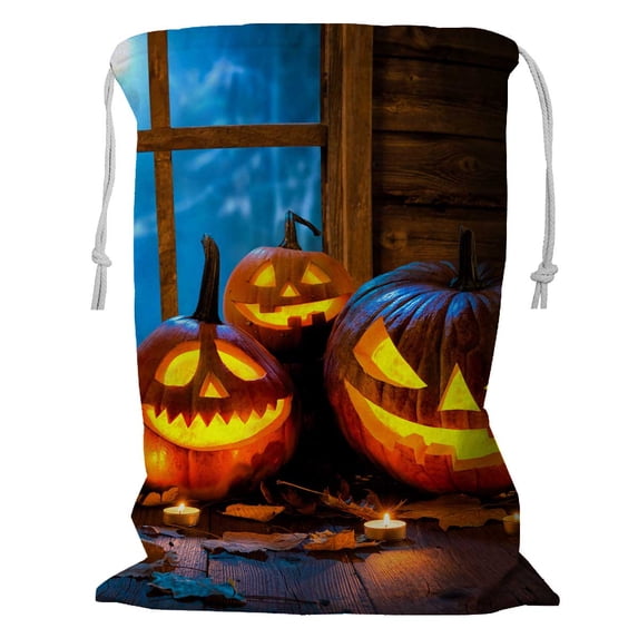 PKQWTM Halloween Pumpkin Head Jack Lantern Burning Candles Storage Basket Laundry Bag with Drawstring Size 24x32 Inch