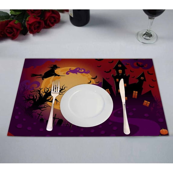 PKQWTM Halloween ghostly castle moonlight Kitchen Dining Table Mats Placemats Size 12x18 Inches, Set of 2 Pieces
