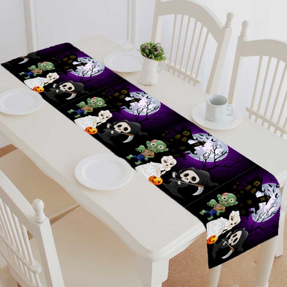 PKQWTM Halloween grim reaper skull bride zombie haunted castle Cotton and Linen Table Runner Kitchen Dining Room Supplies Size 14x72 Inch