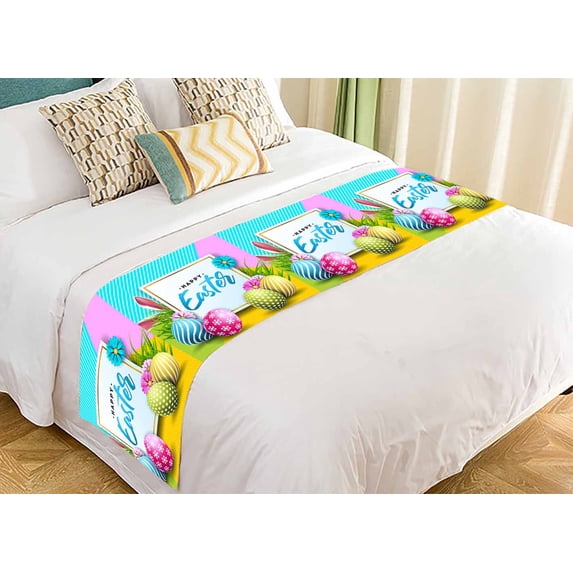 PKQWTM Happy Easter Egg Rabbit Ears And Flower Bed Runner Bedroom Bedding Decor Bedding Scarf Size 20x95 inches