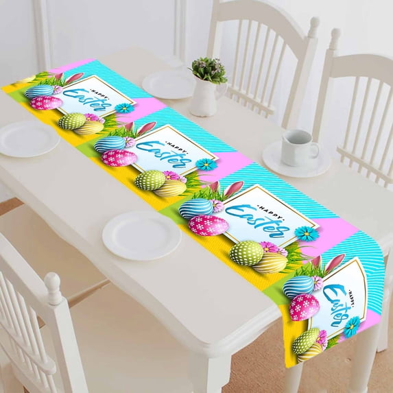 PKQWTM Happy Easter Egg Rabbit Ears And Flower Cotton and Linen Table Runner Kitchen Dining Room Supplies Size 14x72 Inch