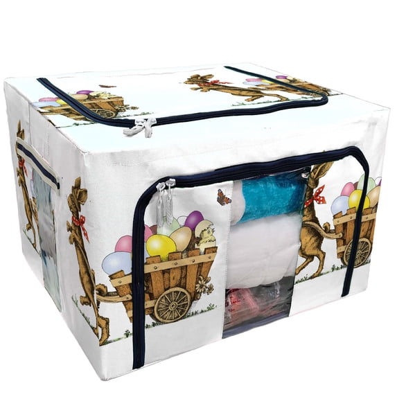 PKQWTM Happy Easter Vintage Easter Bunny Pulling a Cart with Eggs Storage Bag Clear Window Storage Bins Boxes Large Capacity Foldable Stackable Organizer With Steel Metal Frame For Clothes,Closets