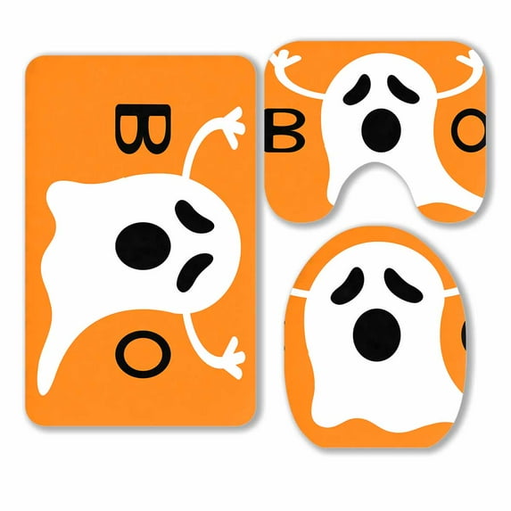 PKQWTM Happy Halloween Funny Flying Ghost 3 Piece Bathroom Rugs Set Bath Rug Contour Mat and Toilet Lid Cover